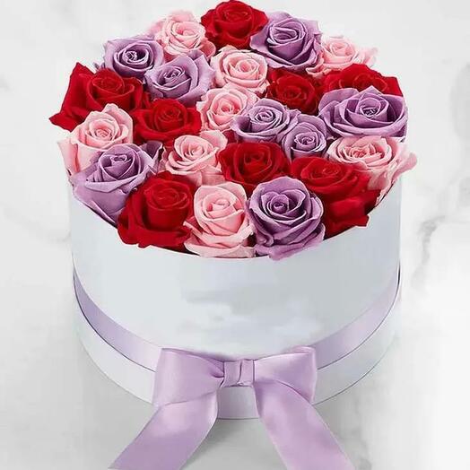 Assorted Roses in White Round Box