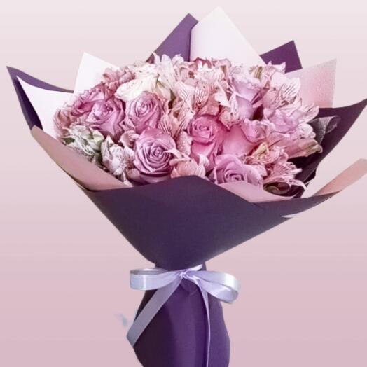 Pink Alstroemeria   Purple Roses Bouquet