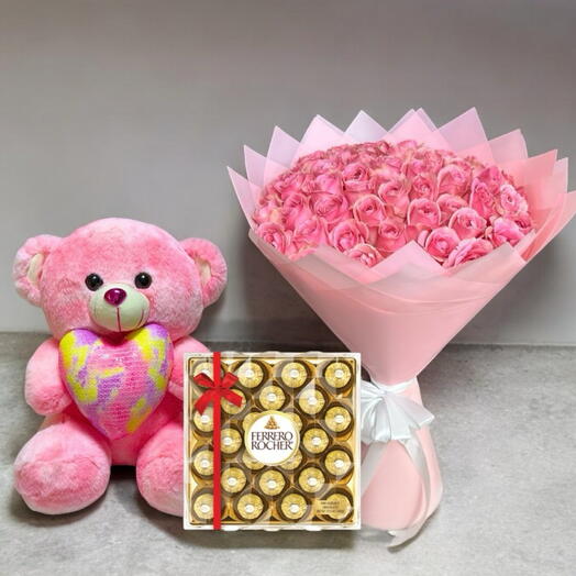 Pink rose Flower set with Ferrero Rocher chocolate gift set