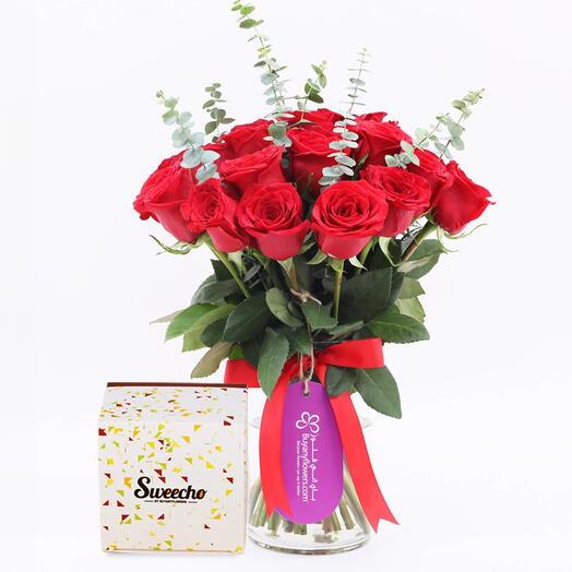 Beauty 21 Red Roses Vase and Chocolates