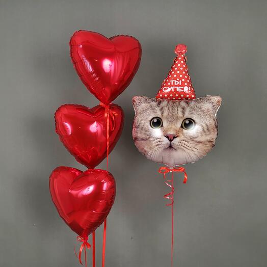 Шары с бантиками Сердечки и котик Ты супер! Отличные шарики для девушки, для жены, для подруги