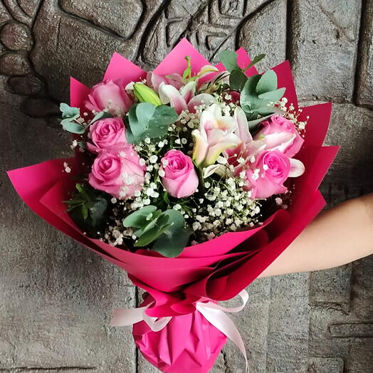 Pink with Perfection: 2 Stems of Pinl Lilies and 8 Stems of Pink Roses with fillers