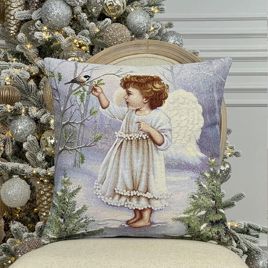 Funda de Cojin Jacquard Navidena, Doble Cara 47 x 47 cm, 1 Ud, Relleno no Incluido (Angel en el Bosque) Lurex Plateado