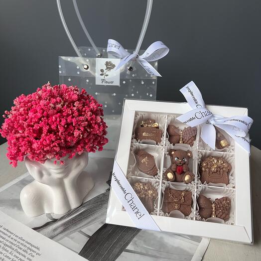 Combo set con gypsophila y chocolate hecho a mano