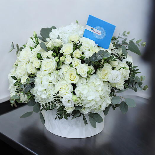 Elegant White Hydrangea and Rose Hat Box Arrangement