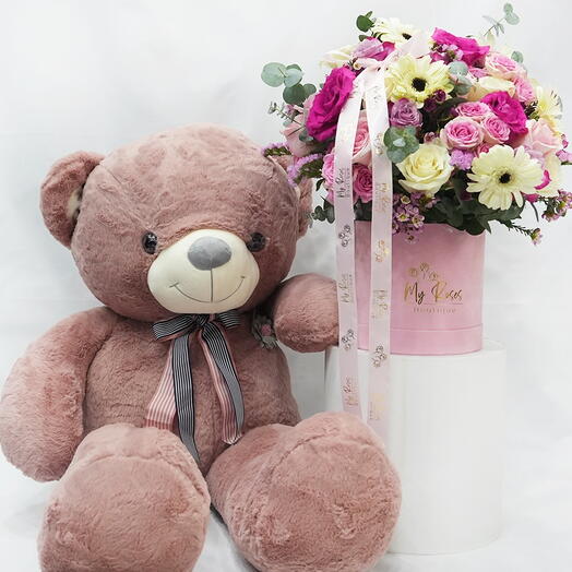 Blooming dale arrangement with pink teddy bear 100cm