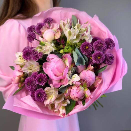 Авторский букет с ароматными пионами из стойких цветов💜пионы