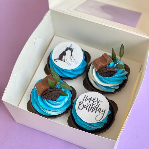 Синие капкейки Happy Birthday Кот