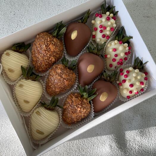 delicious sweet set of strawberries in milk in chocolate