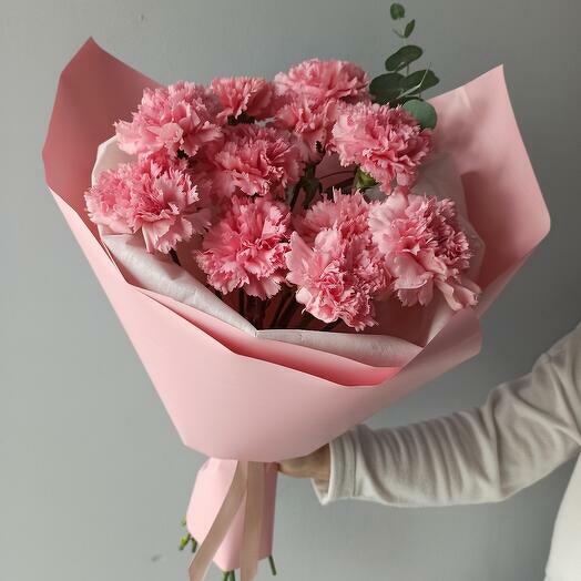 Pink carnations and eucalyptus monobouquet