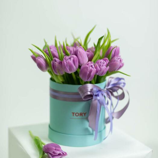 25 Purple Peony Tulips in a Hatbox