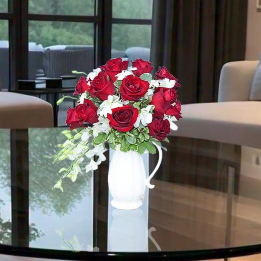 Red Roses White Orchids Bouquet