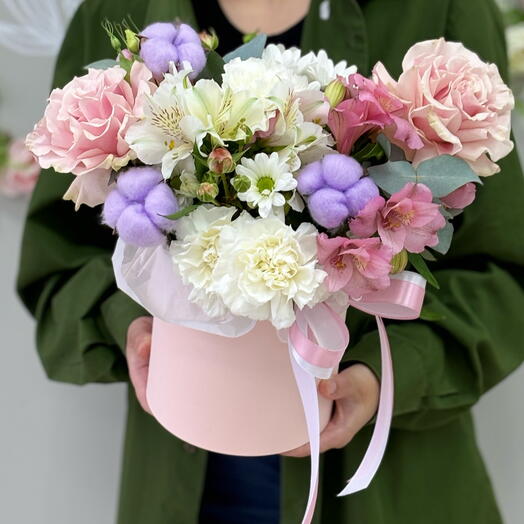 Flowers in a box.  French Rose,cotton, alstroemeria, dianthus (6) (12) (13) (16)