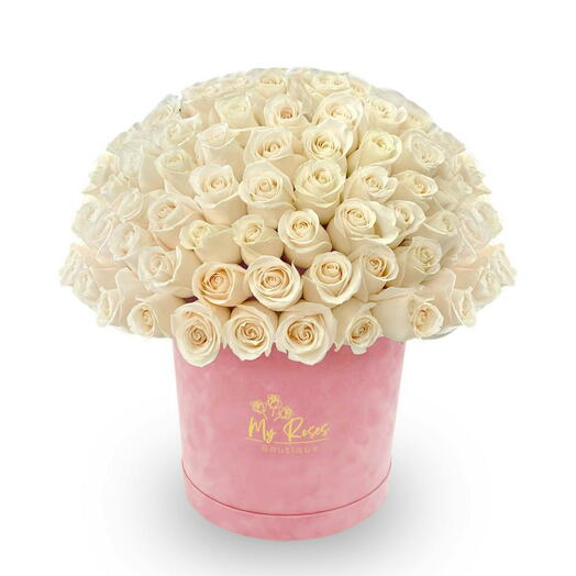 Pink Velvet Box With 100 white Roses