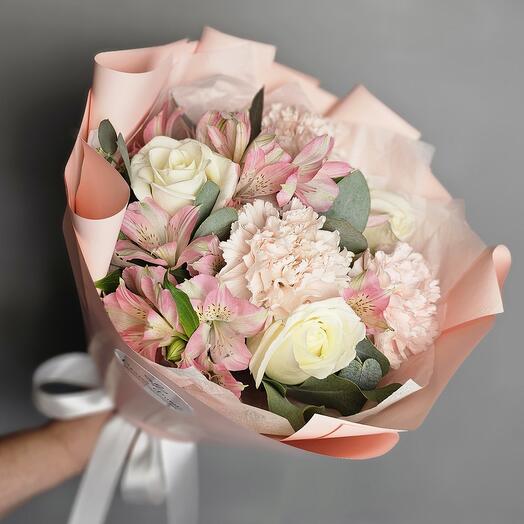 Bouquet "Pink dreams" - alstroemeria, dianthus and white roses