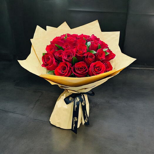 25 Red Roses with Ruscus in Yellow Wrap – Perfect for Valentine s