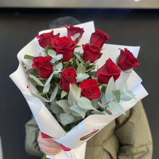 Red rose with eucalyptus