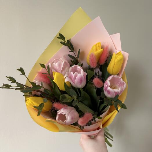 Тюльпаны желтый и розовый 9 шт