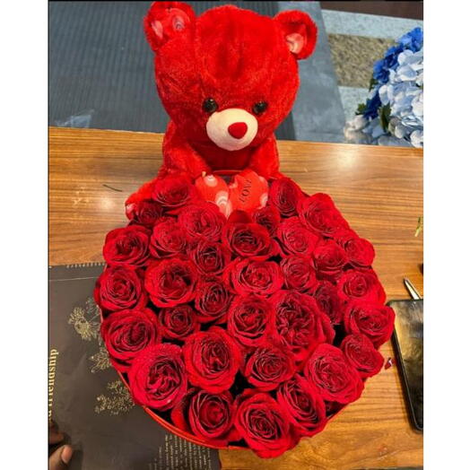 Luxury Red Rose Arrangement with Plush Teddy Bear