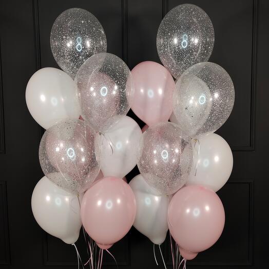 Globos blancos y rosados y transparentes con lentejuelas plateadas