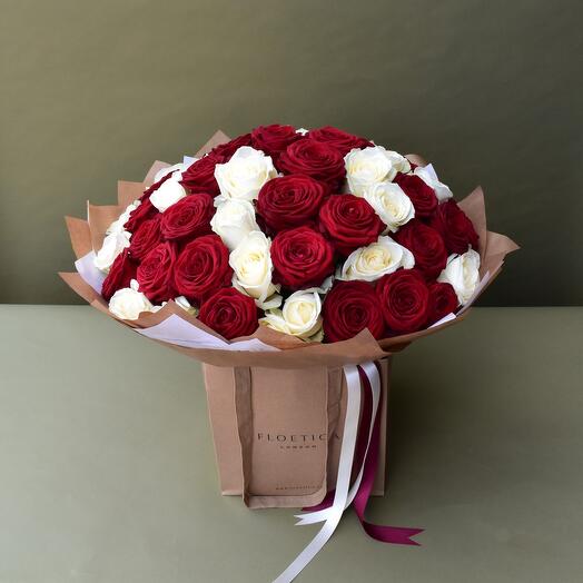 50 white and red roses