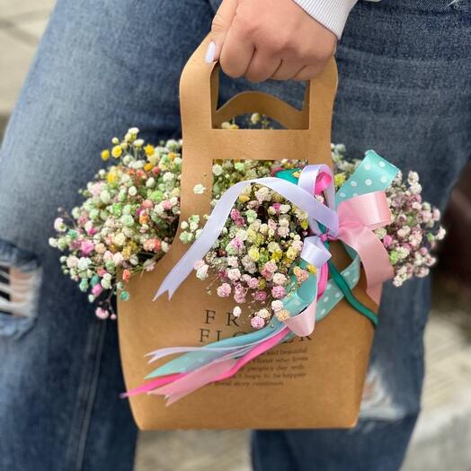Craft handbag with rainbow gypsophila