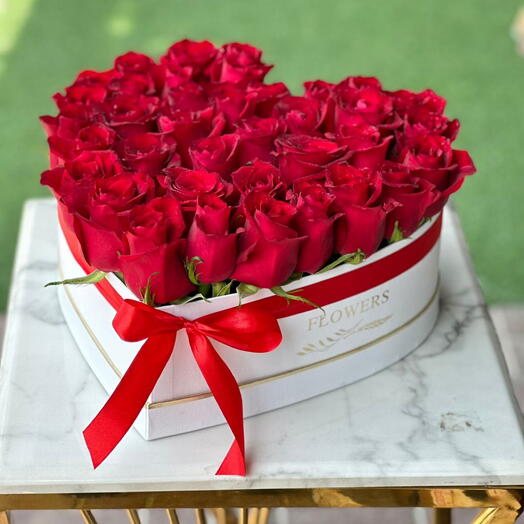 31 Red Roses in White  Heart shape Flower box