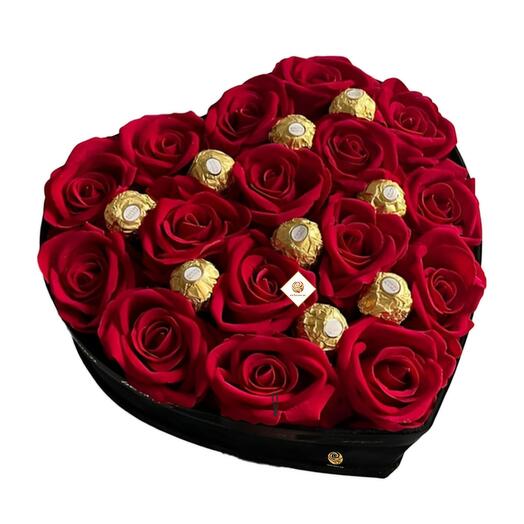 Honey Rose - Red Roses and Rocher Ferroro in Heart Box