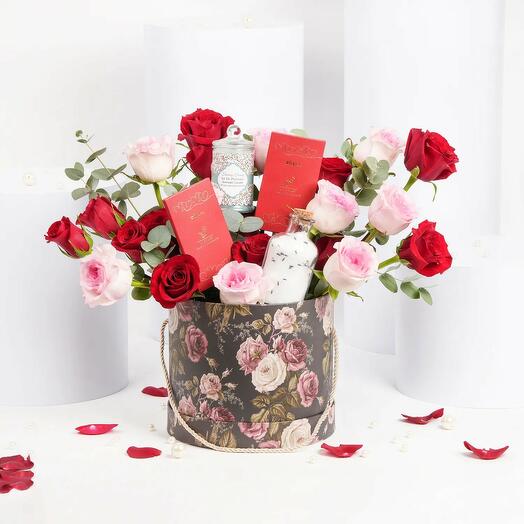Roses and Chocolates in Printed Hat Box