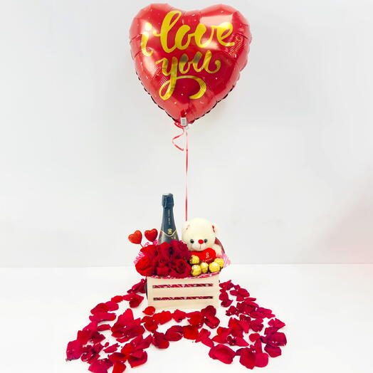 Caja Amour Rosas Rojas San Valentin Botella Champan Globo Personalizado