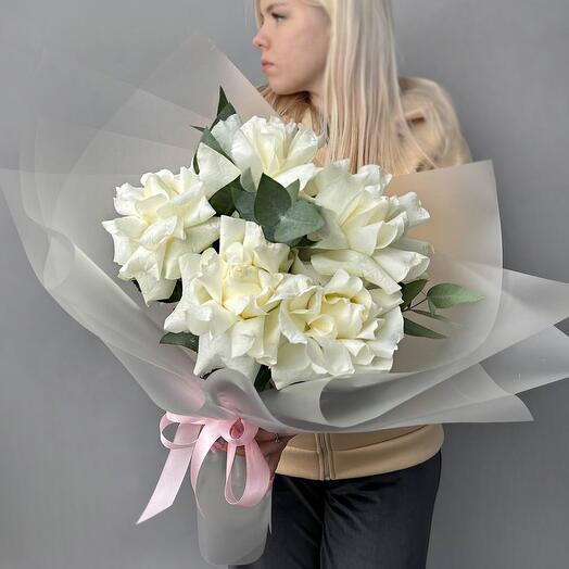 💖  ВАУ букет из белых французских роз с эвкалиптом (FW0180)