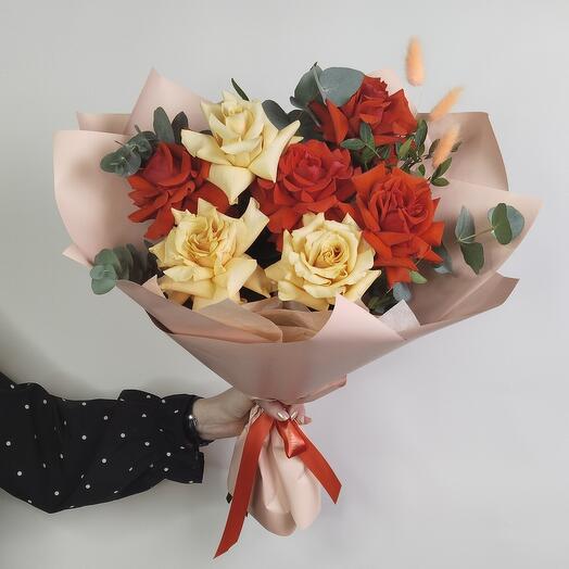Monobucket of roses with eucalyptus and pistachio