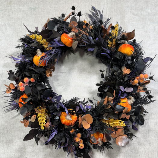 Corona espeluznante - corona floral seca pintada, halloween otoño