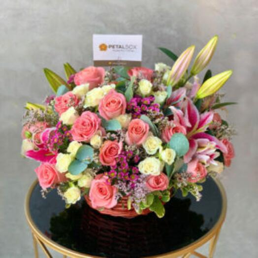Hermosa Roses, White Baby Roses and Pink Lilies in Basket Arrangement