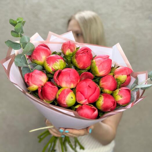 Bouquet of cosmic peonies and fragrant eucalyptus