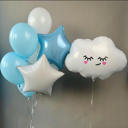 Воздушные гелиевые шары и облачко на выписку, на день рождения голубые и белые
