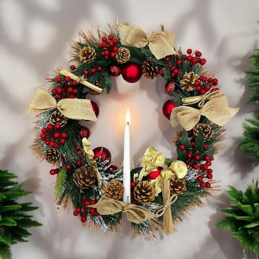 Christmas Artificial Wreath with Red   Gold Decor and Single Candle