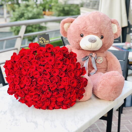 100 red roses with pink teddy bear 100cm