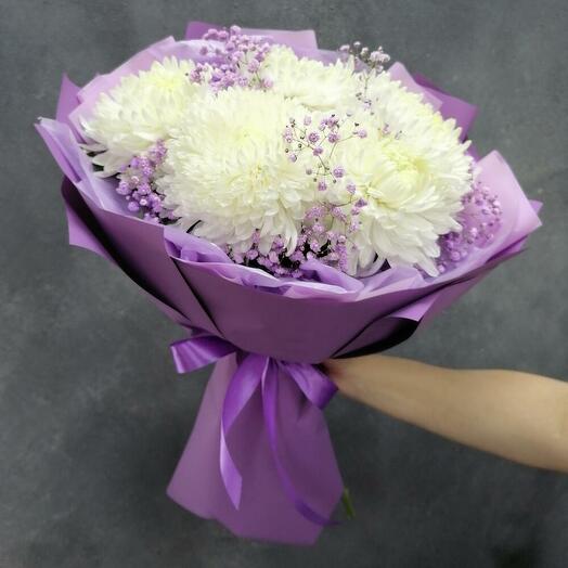 5 crisantemos de una sola cabeza con gypsophila