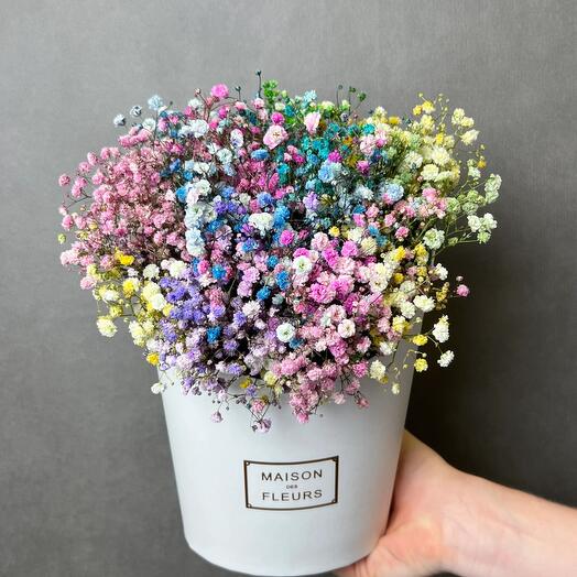 White MAXI box with colored (rainbow) gypsophila