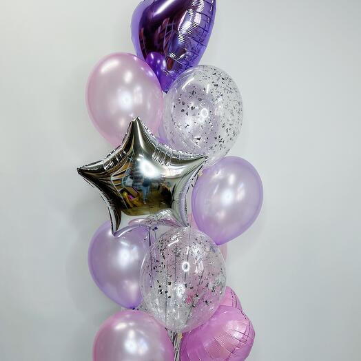 Набор шаров с гелием 13 шаров сиренево розовых