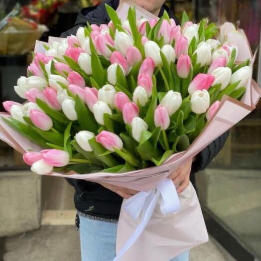Bouquet of 51 pink and white tulips