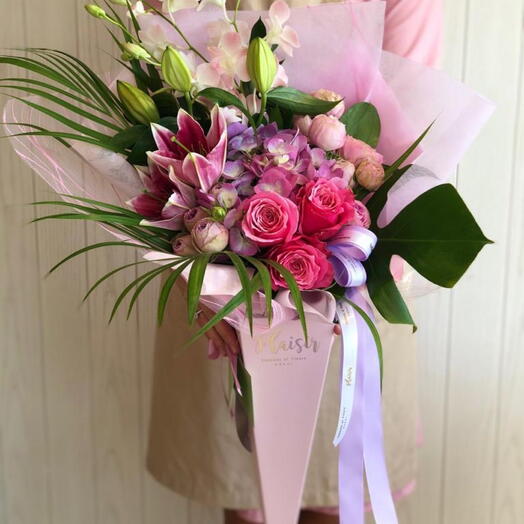 The Gorgeous Pink Cone with Lilies Roses and Hydrangeas