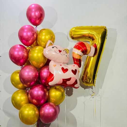 Balloons with a kitty design for a 7th birthday, 22 pcs