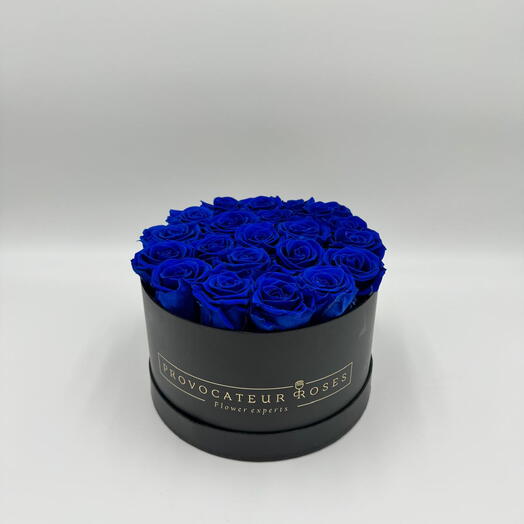 Caja redonda 24cm de rosas preservadas azul