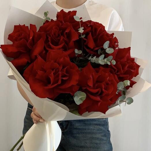 Velvet roses with eucalyptus
