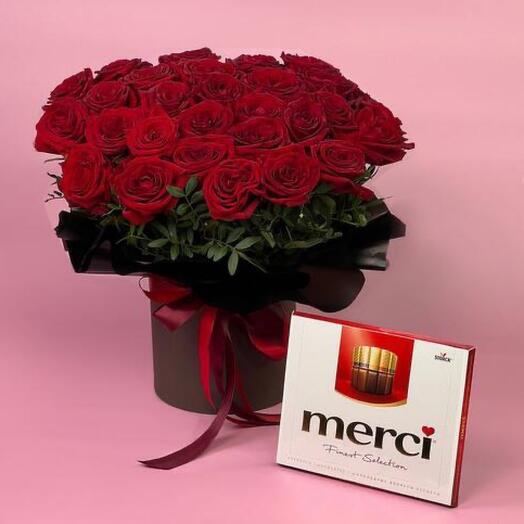 29 Красных Роз с конфетами Merci