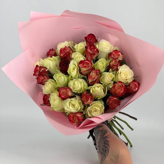 Bouquet of flowers white with red roses 35 pieces