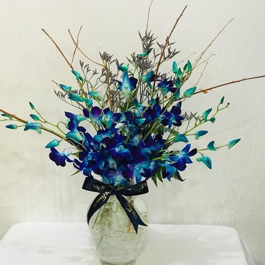 Orchids Vase:20 Stems Of Blue Orchids in a Glass Vase