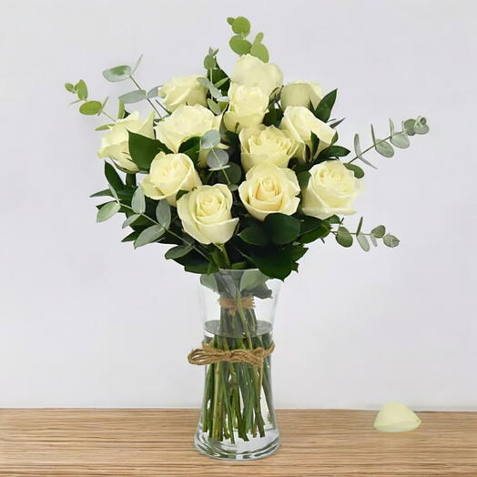 Vase Of Elegant 12 White Roses